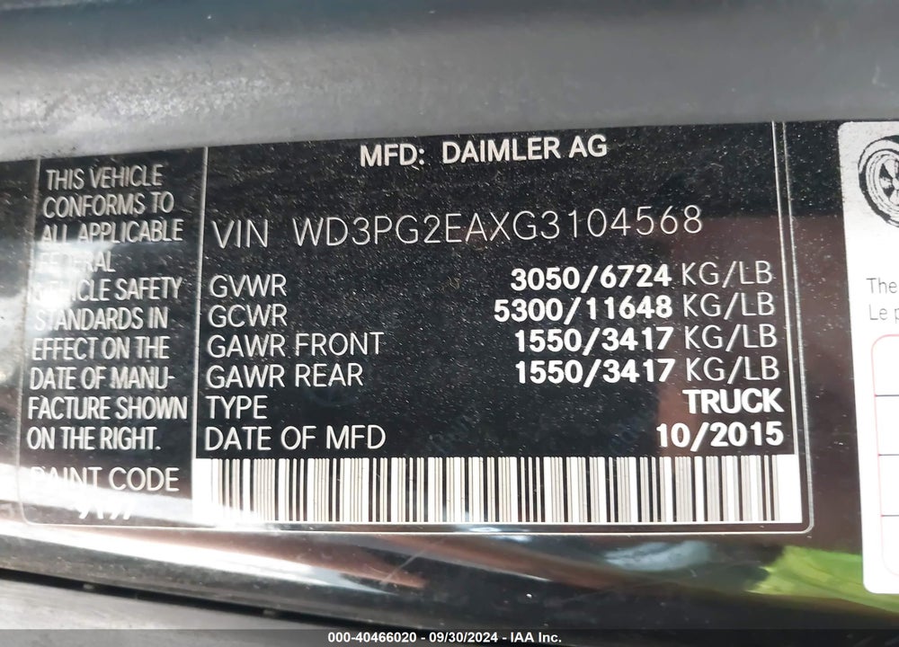 2016 MERCEDES-BENZ METRIS VIN: WD3PG2EAXG3104568