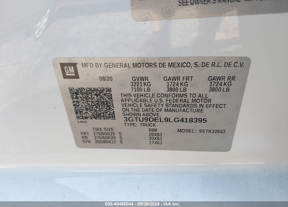 2020 GMC SIERRA 1500 VIN: 3GTU9DEL9LG418395