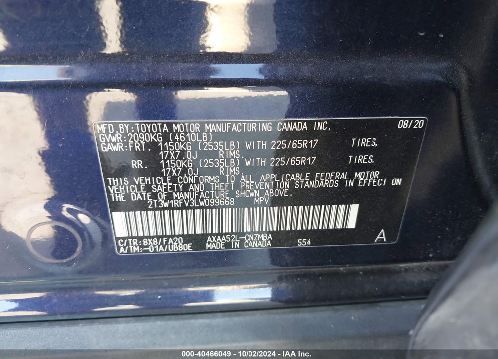 2020 TOYOTA RAV4 XLE VIN: 2T3W1RFV3LW099668