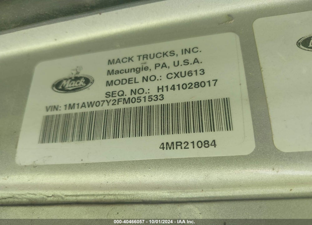2015 MACK CXU613 CXU600 VIN: 1M1AW07Y2FM051533