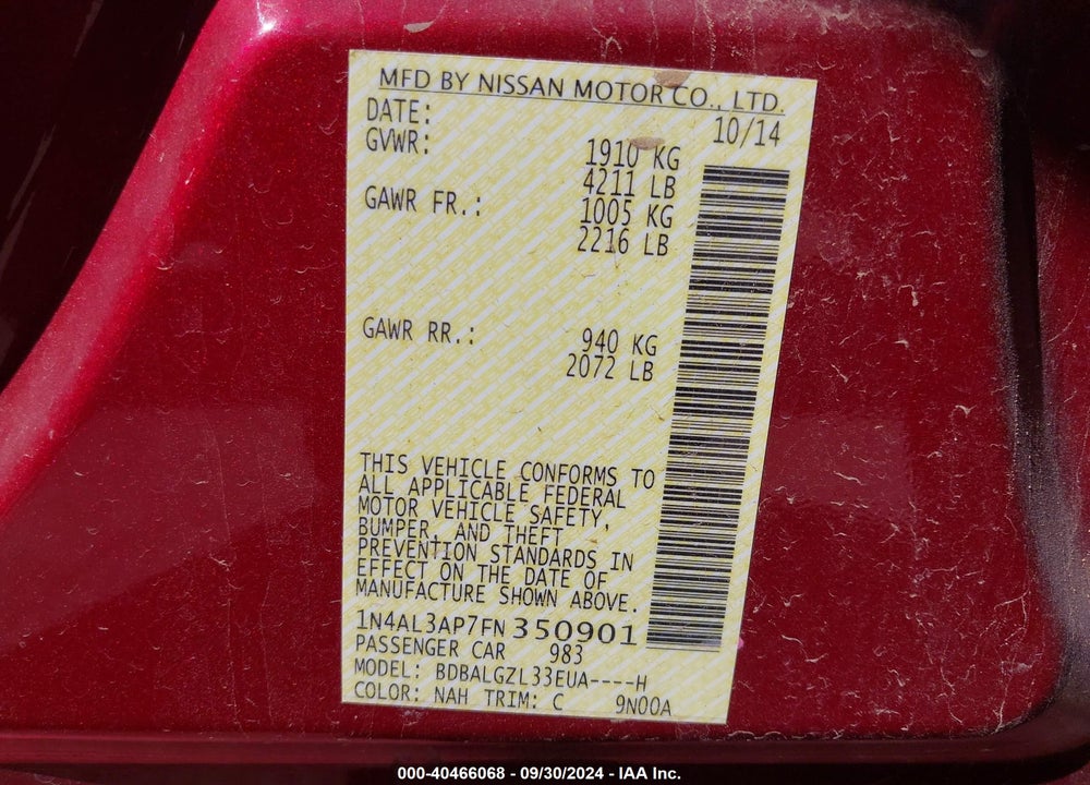 2015 NISSAN ALTIMA 2.5 S VIN: 1N4AL3AP7FN350901