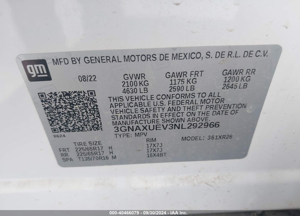 2022 CHEVROLET EQUINOX AWD LT VIN: 3GNAXUEV3NL292966