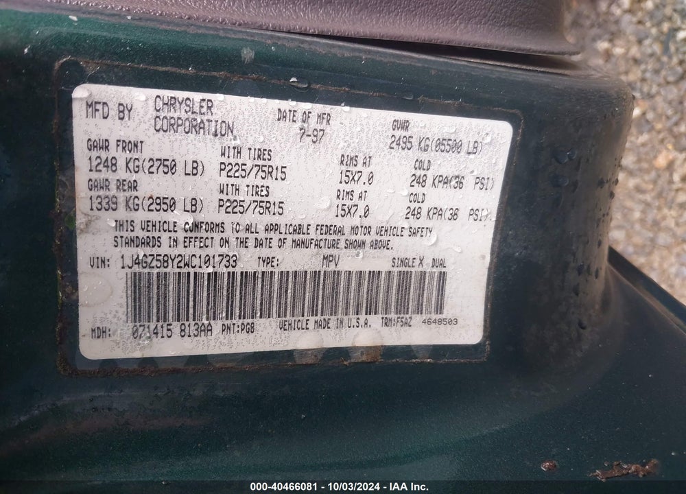 1998 JEEP GRAND CHEROKEE LAREDO VIN: 1J4GZ58Y2WC101733