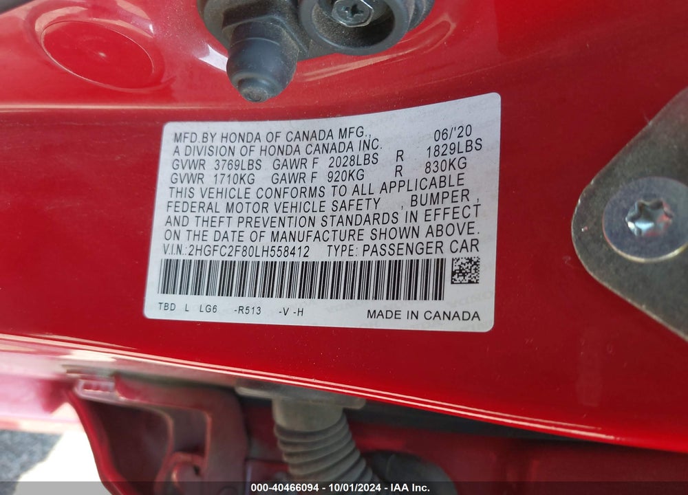 2020 HONDA CIVIC SPORT VIN: 2HGFC2F80LH558412