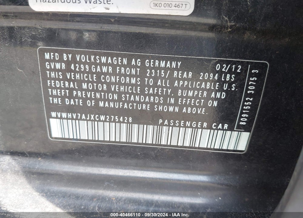 2012 VOLKSWAGEN GTI 4-DOOR AUTOBAHN VIN: WVWHV7AJXCW275428