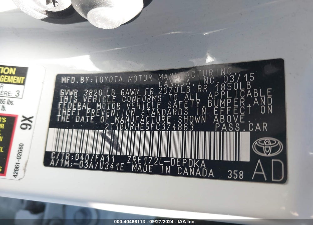 2015 TOYOTA COROLLA L VIN: 2T1BURHE5FC374863