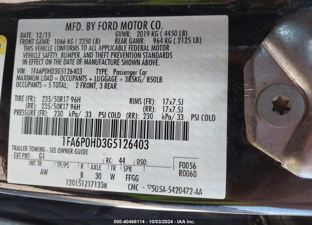 2016 FORD FUSION SE VIN: 1FA6P0HD3G5126403