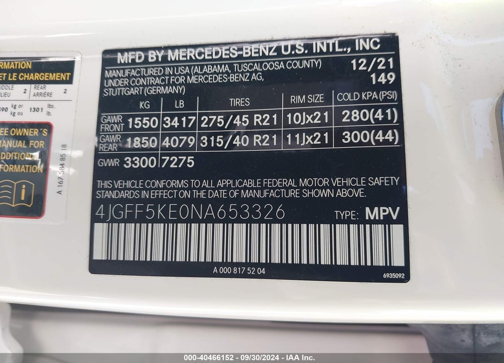 2022 MERCEDES-BENZ GLS 450 4MATIC VIN: 4JGFF5KE0NA653326