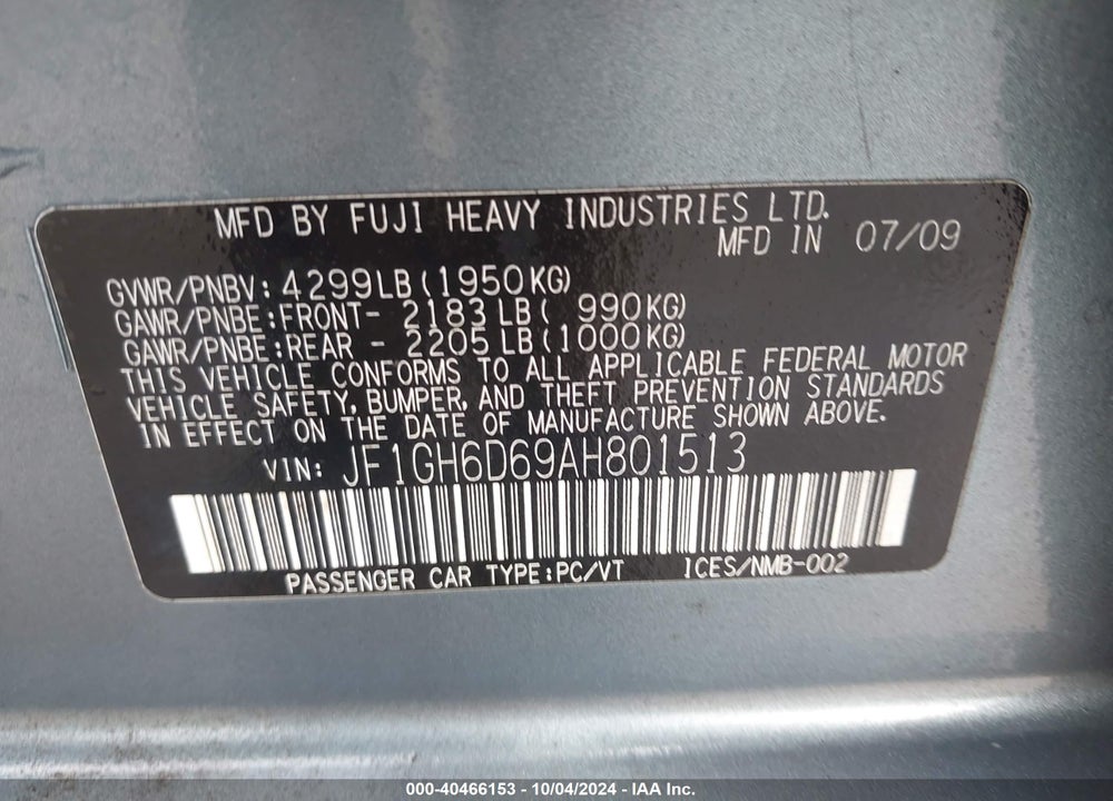 2010 SUBARU IMPREZA OUTBACK SPORT VIN: JF1GH6D69AH801513