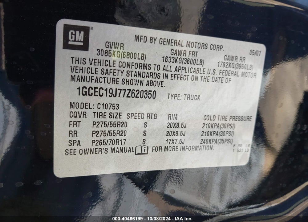 2007 CHEVROLET SILVERADO 1500 LT1 VIN: 1GCEC19J77Z620350