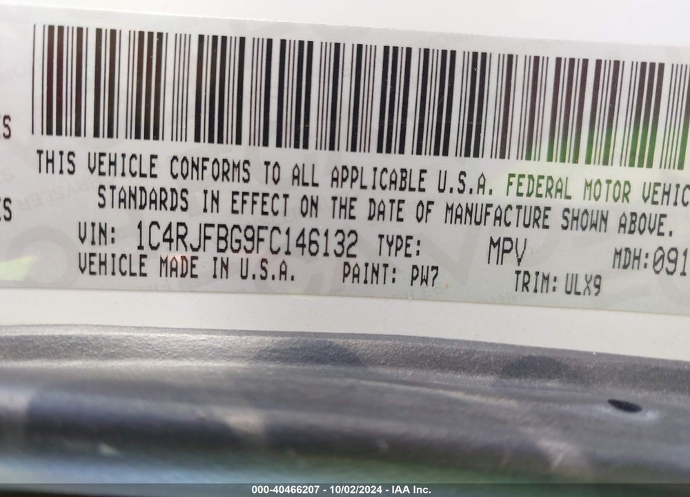2015 JEEP GRAND CHEROKEE LIMITED VIN: 1C4RJFBG9FC146132