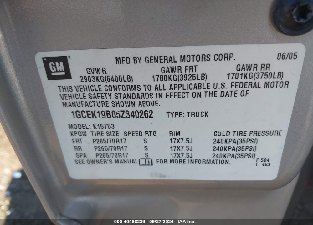 2005 CHEVROLET SILVERADO 1500 Z71 VIN: 1GCEK19B05Z340262