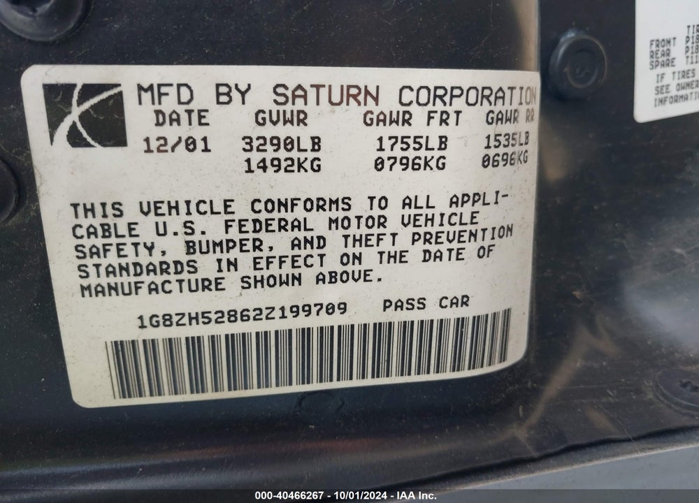 2002 SATURN S-SERIES SL1 VIN: 1G8ZH52862Z199709