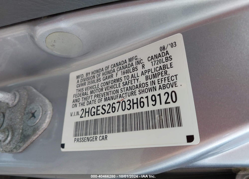2003 HONDA CIVIC EX VIN: 2HGES26703H619120