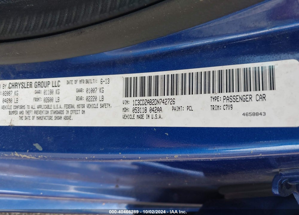 2013 DODGE AVENGER SE VIN: 1C3CDZAB2DN742726