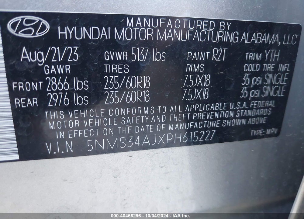 2023 HYUNDAI SANTA FE SEL VIN: 5NMS34AJXPH615227