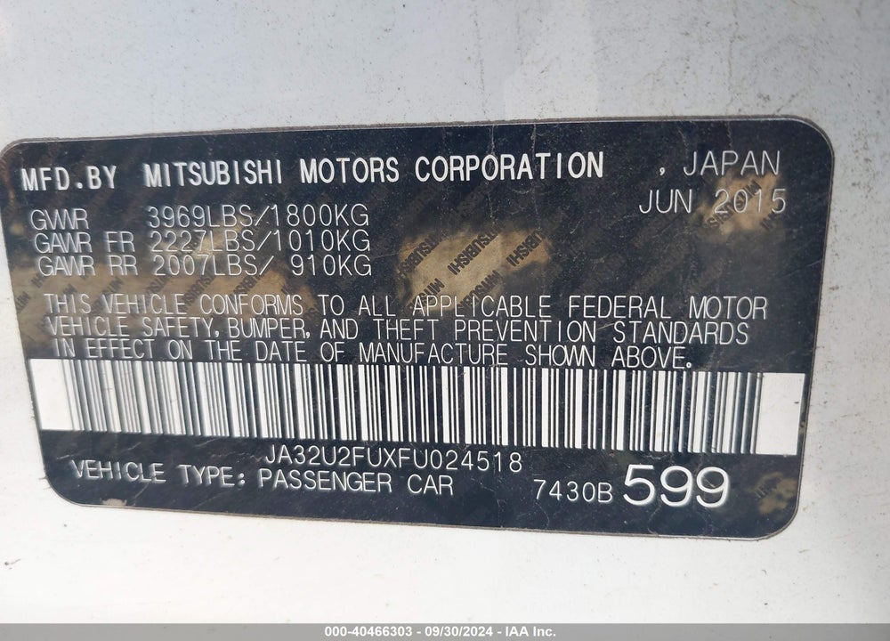 2015 MITSUBISHI LANCER ES VIN: JA32U2FUXFU024518