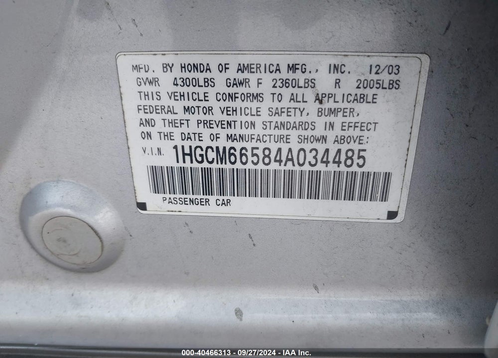 2004 HONDA ACCORD 3.0 EX VIN: 1HGCM66584A034485