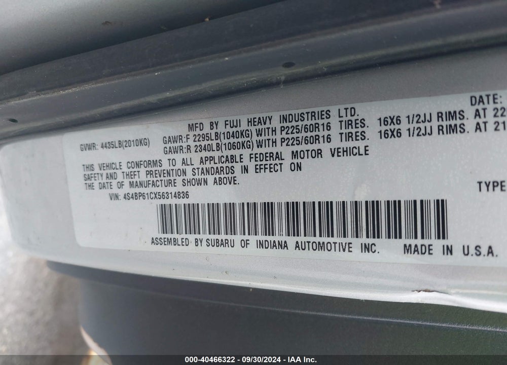 2005 SUBARU OUTBACK 2.5I VIN: 4S4BP61CX56314836