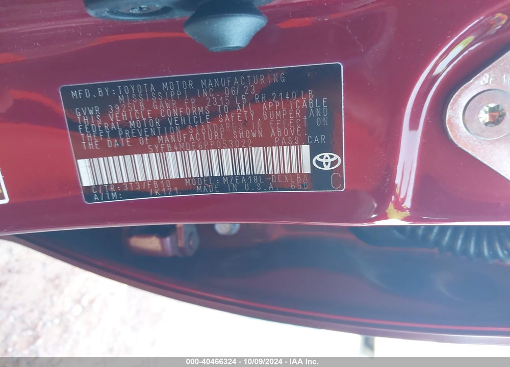 2023 TOYOTA COROLLA LE VIN: 5YFB4MDE6PP053022