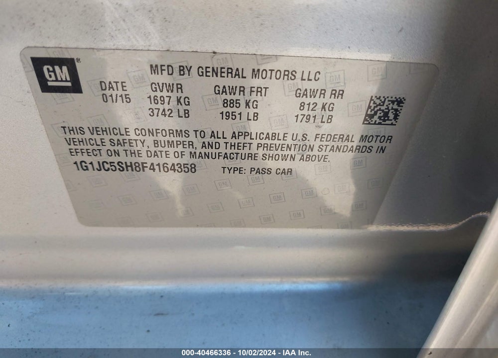 2015 CHEVROLET SONIC LT AUTO VIN: 1G1JC5SH8F4164358