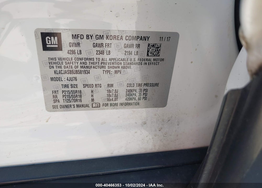 2018 BUICK ENCORE PREFERRED VIN: KL4CJASB9JB581934
