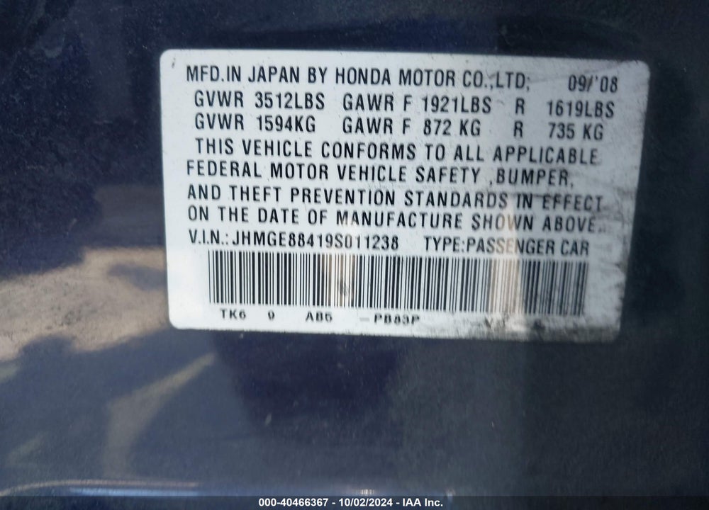 2009 HONDA FIT SPORT VIN: JHMGE88419S011238
