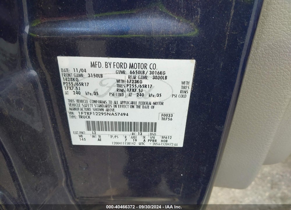 2005 FORD F-150 STX/XL/XLT VIN: 1FTRF12295NA57494