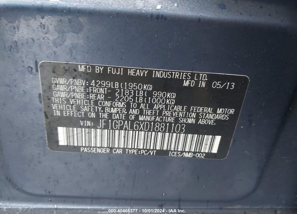 2013 SUBARU IMPREZA 2.0I SPORT PREMIUM VIN: JF1GPAL6XD1881103