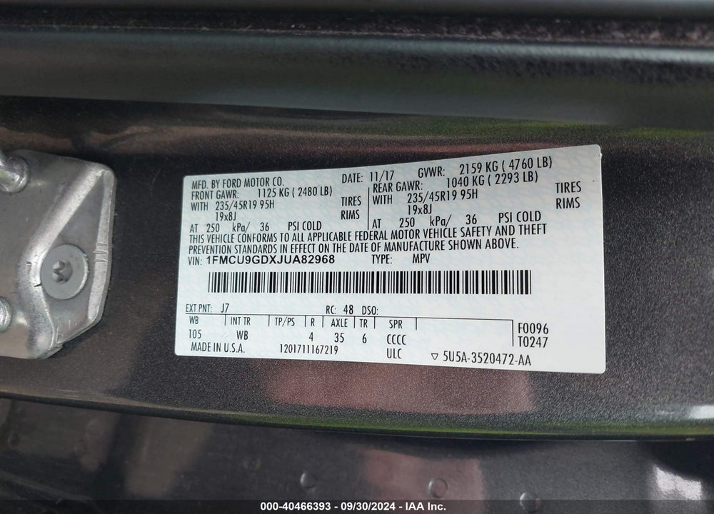 2018 FORD ESCAPE SE VIN: 1FMCU9GDXJUA82968
