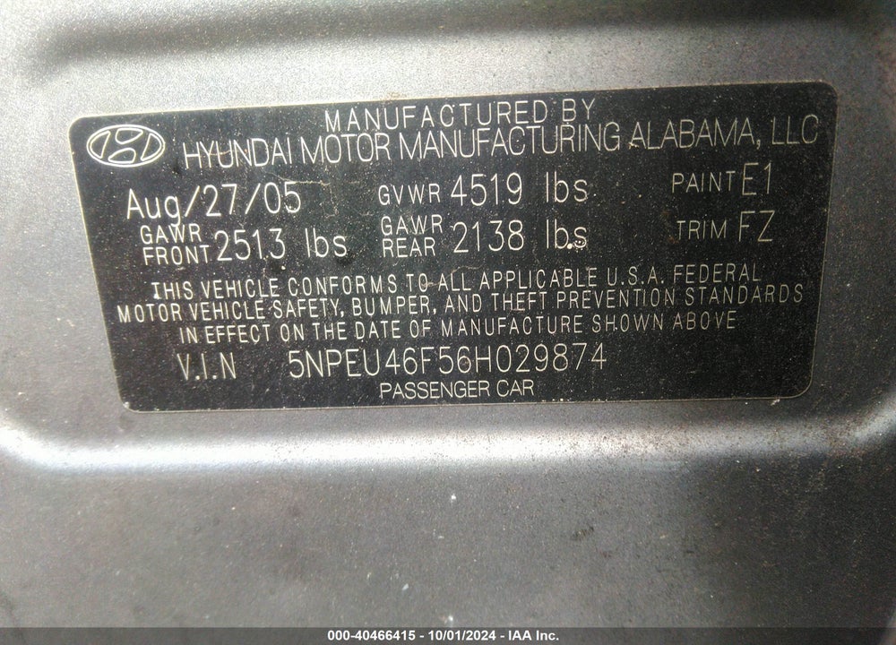 2006 HYUNDAI SONATA GLS V6/LX V6 VIN: 5NPEU46F56H029874