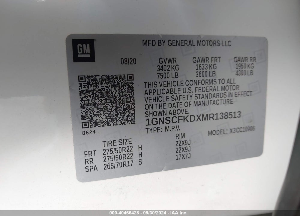 2021 CHEVROLET SUBURBAN 2WD PREMIER VIN: 1GNSCFKDXMR138513