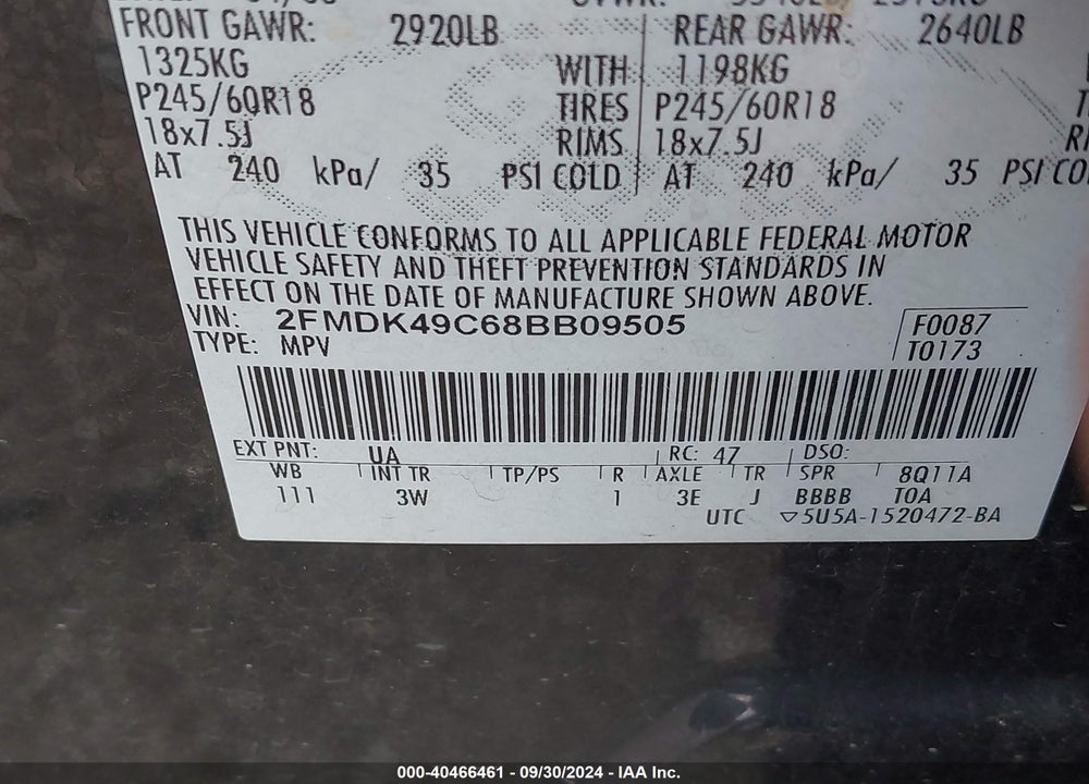 2008 FORD EDGE LIMITED VIN: 2FMDK49C68BB09505