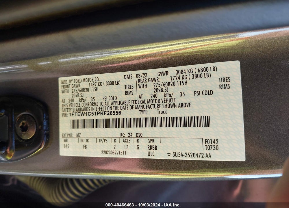 2023 FORD F-150 XLT VIN: 1FTEW1C51PKF26556