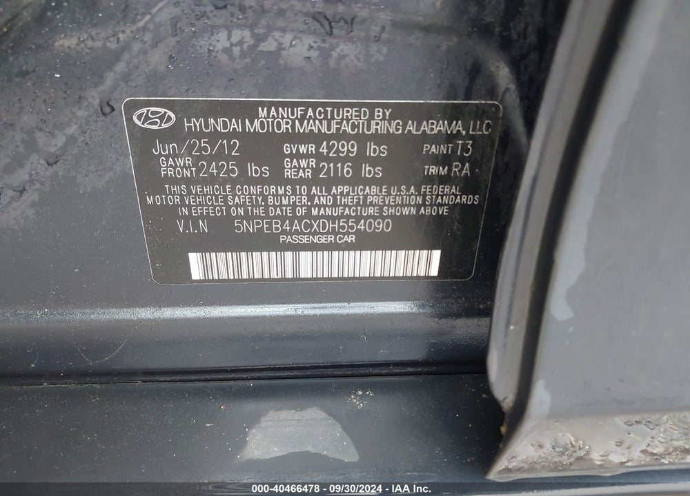 2013 HYUNDAI SONATA GLS VIN: 5NPEB4ACXDH554090