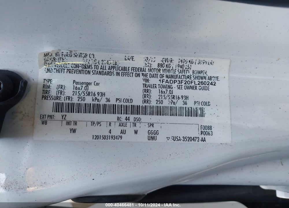 2015 FORD FOCUS SE VIN: 1FADP3F20FL260242