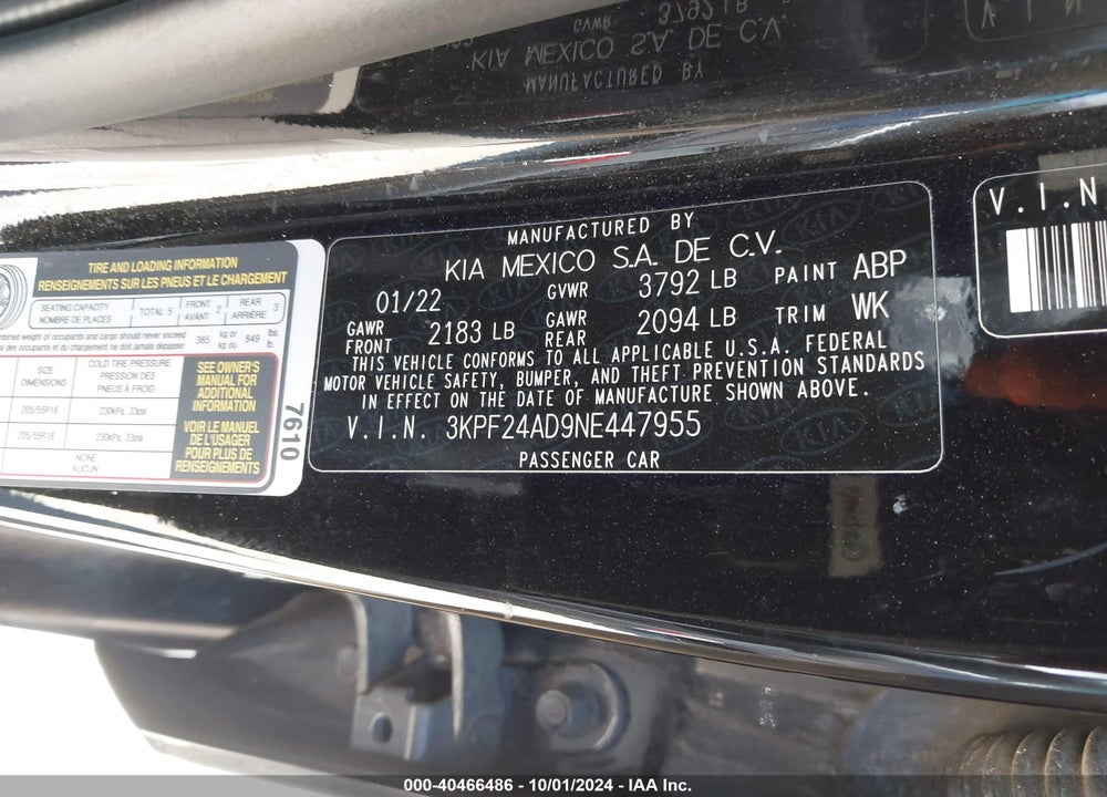 2022 KIA FORTE LXS VIN: 3KPF24AD9NE447955