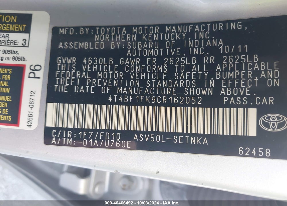 2012 TOYOTA CAMRY LE VIN: 4T4BF1FK9CR162052