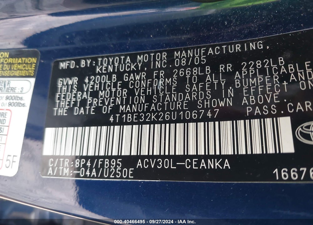 2006 TOYOTA CAMRY LE VIN: 4T1BE32K26U106747
