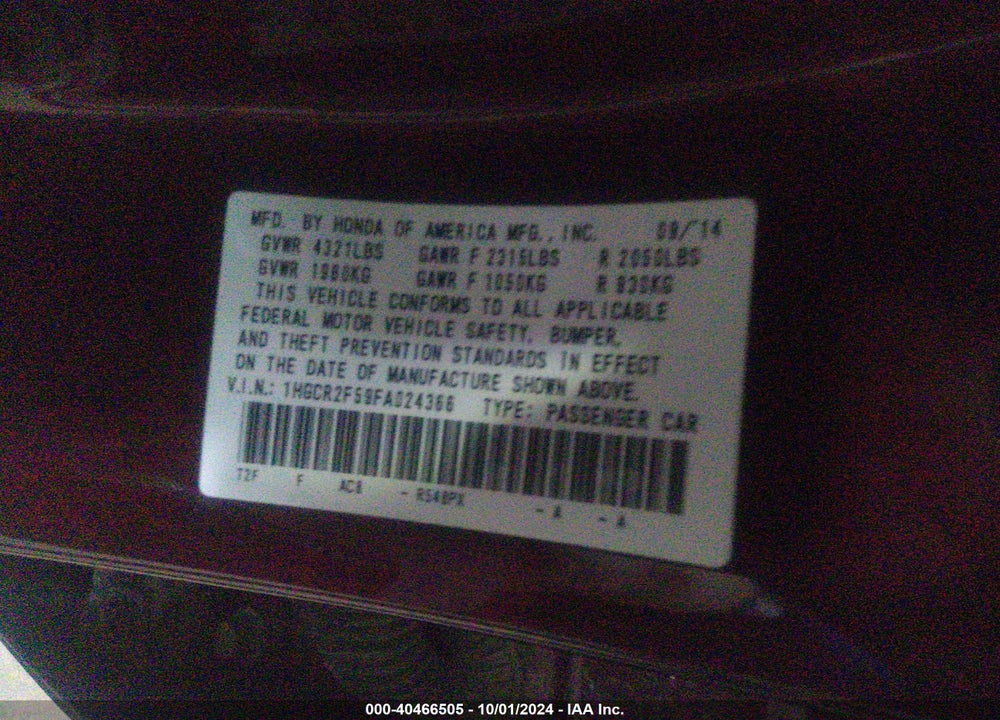 2015 HONDA ACCORD SPORT VIN: 1HGCR2F59FA024366