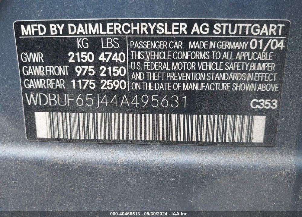 2004 MERCEDES-BENZ E 320 VIN: WDBUF65J44A495631