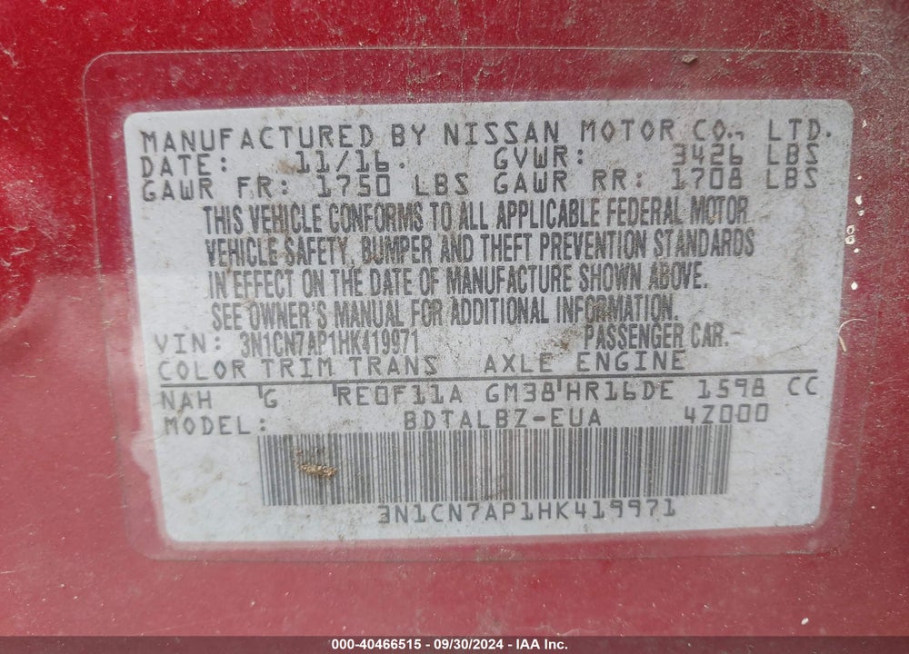 2017 NISSAN VERSA 1.6 SV VIN: 3N1CN7AP1HK419971