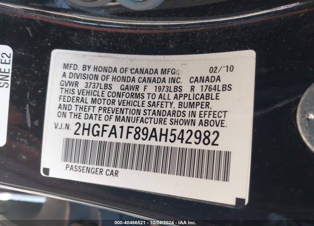 2010 HONDA CIVIC SDN EX VIN: 2HGFA1F89AH542982