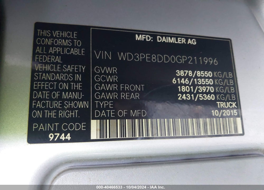 2016 MERCEDES-BENZ SPRINTER 2500 HIGH ROOF/HIGH ROOF VIN: WD3PE8DD0GP211996