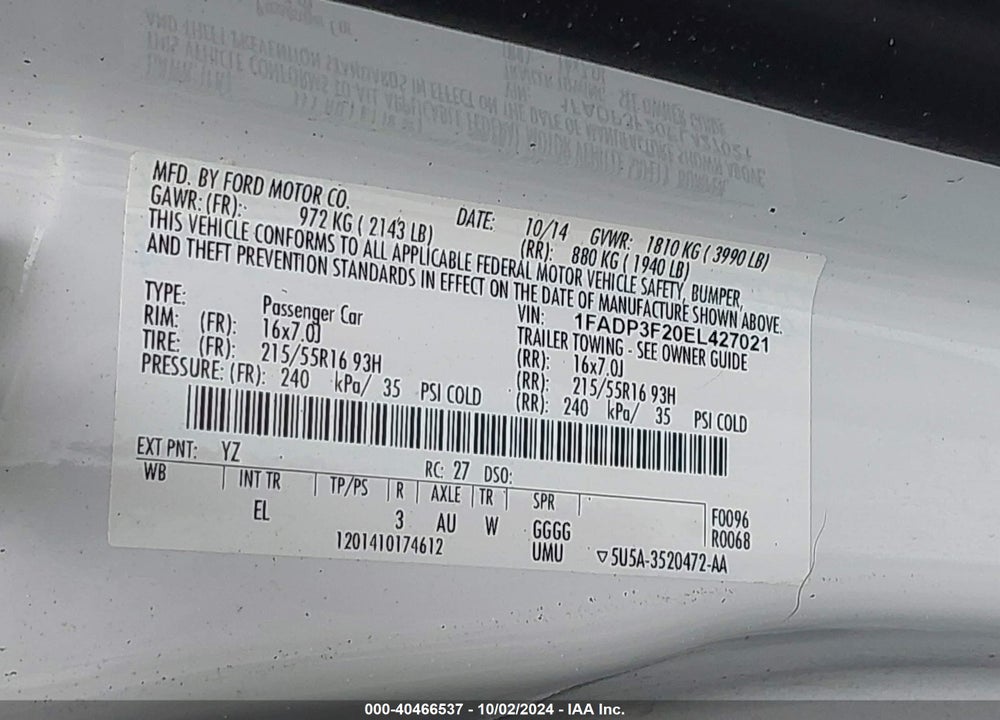 2014 FORD FOCUS SE VIN: 1FADP3F20EL427021