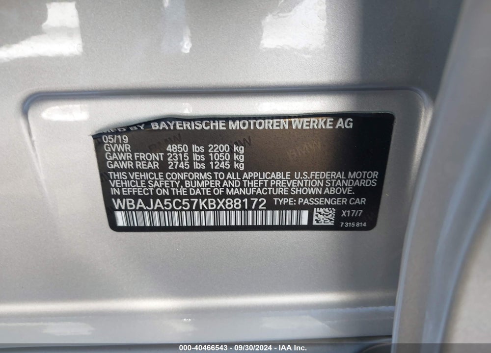 2019 BMW 530I VIN: WBAJA5C57KBX88172