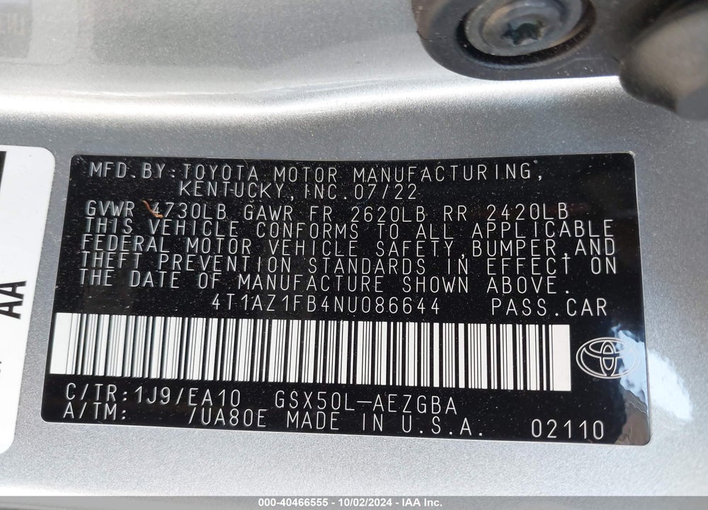 2022 TOYOTA AVALON XLE VIN: 4T1AZ1FB4NU086644