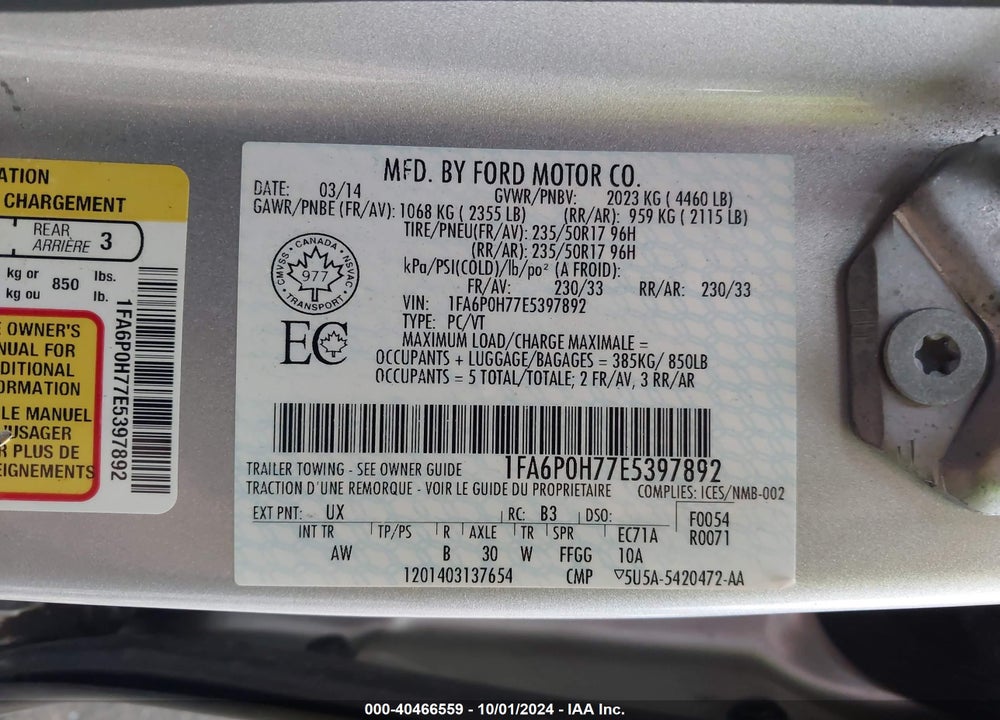 2014 FORD FUSION SE VIN: 1FA6P0H77E5397892