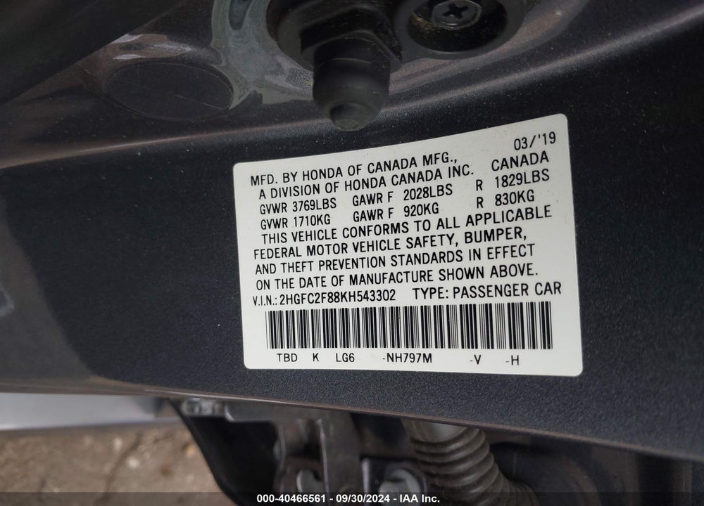 2019 HONDA CIVIC SPORT VIN: 2HGFC2F88KH543302