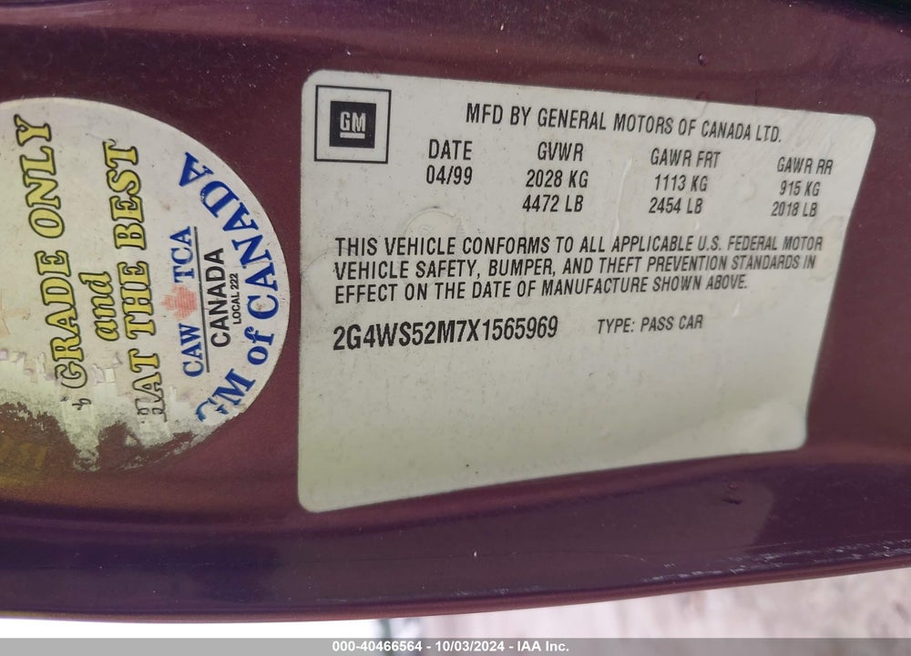 1999 BUICK CENTURY CUSTOM VIN: 2G4WS52M7X1565969